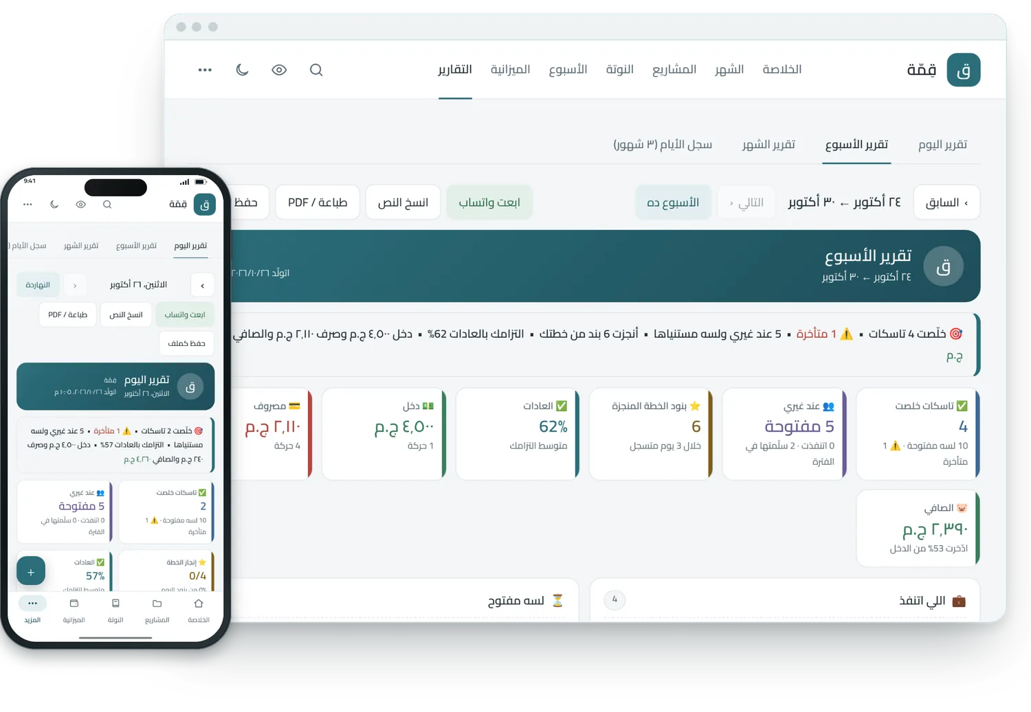 تقرير الأسبوع بأرقام الإنجاز والمصروف، على اللابتوب والموبايل