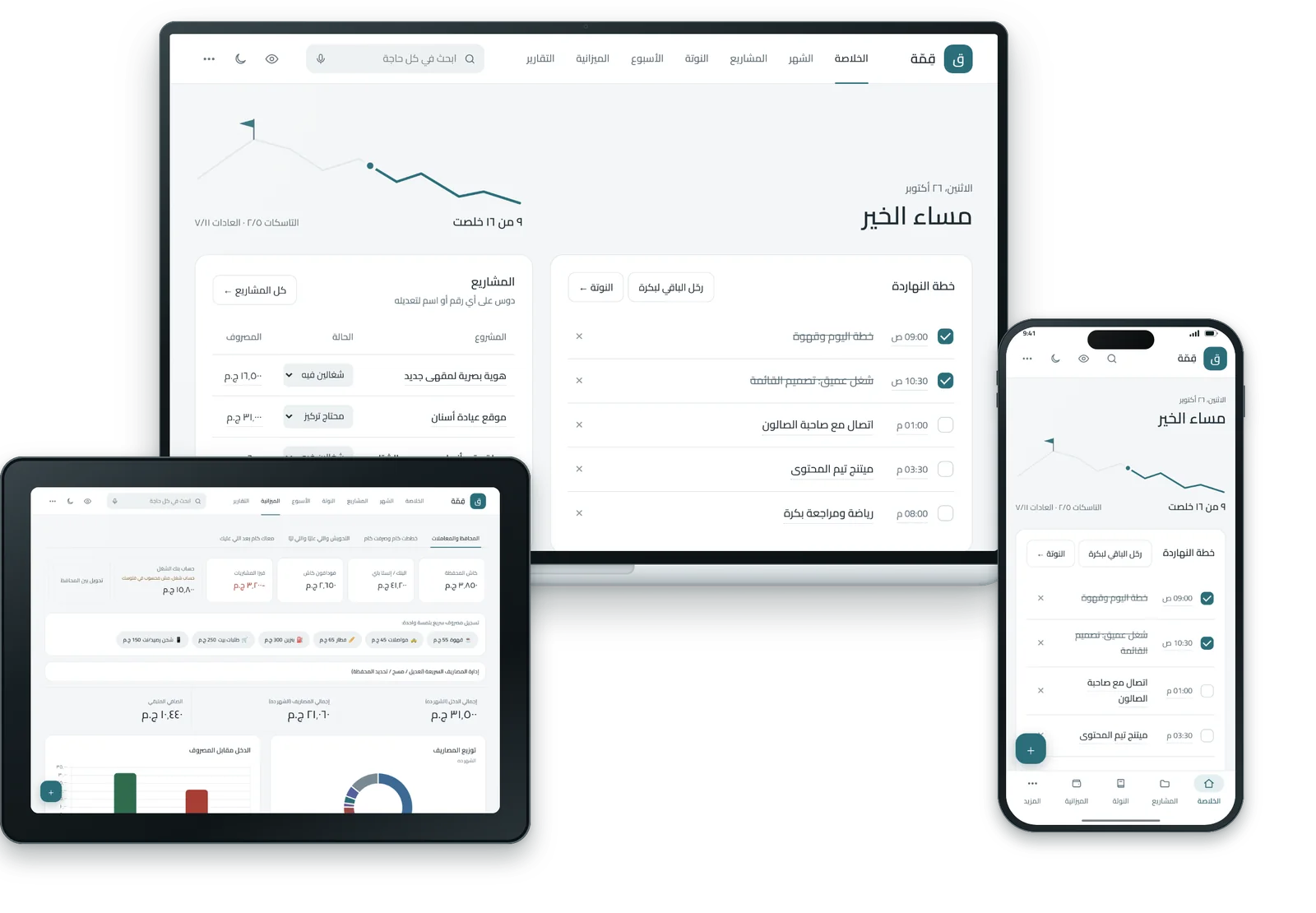 قِمّة على اللابتوب والآيباد والموبايل: الخلاصة والميزانية والمهام بخط عربي واضح